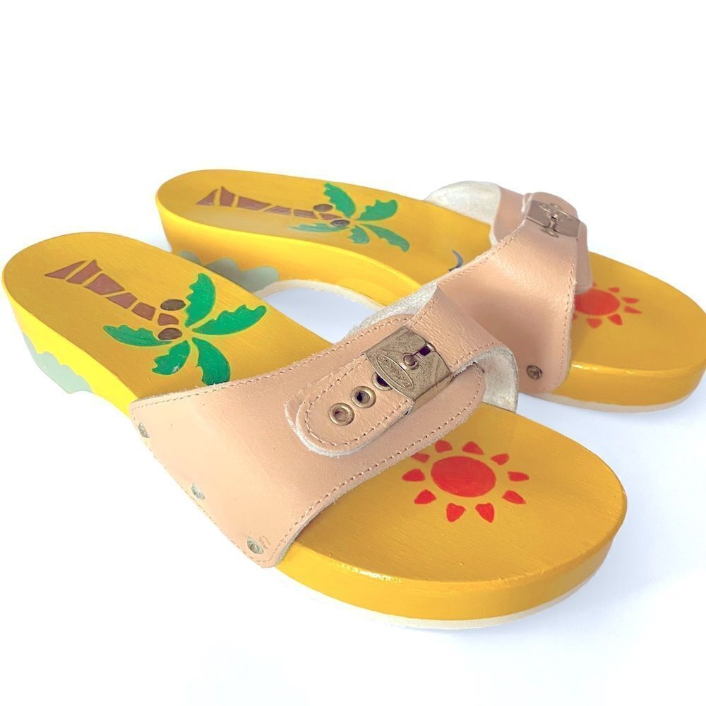 Dr. Scholl’s Hand Painted Palm Tree Wooden Clog Sandals